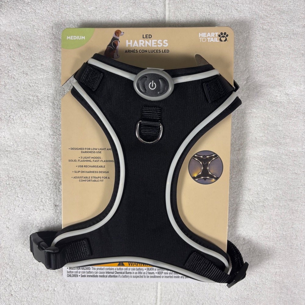 Heart to Tail LED‎ Dog Harness Medium Black USB Rechargeable 3 Light Modes